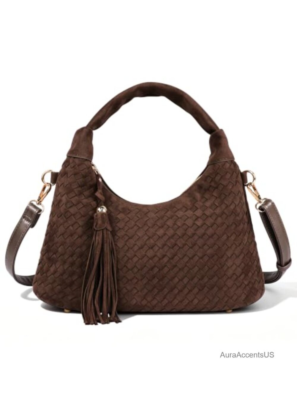 Woven Faux Suede Hobo Satchel Shoulder Bag with Tassel Detachable Crossbody